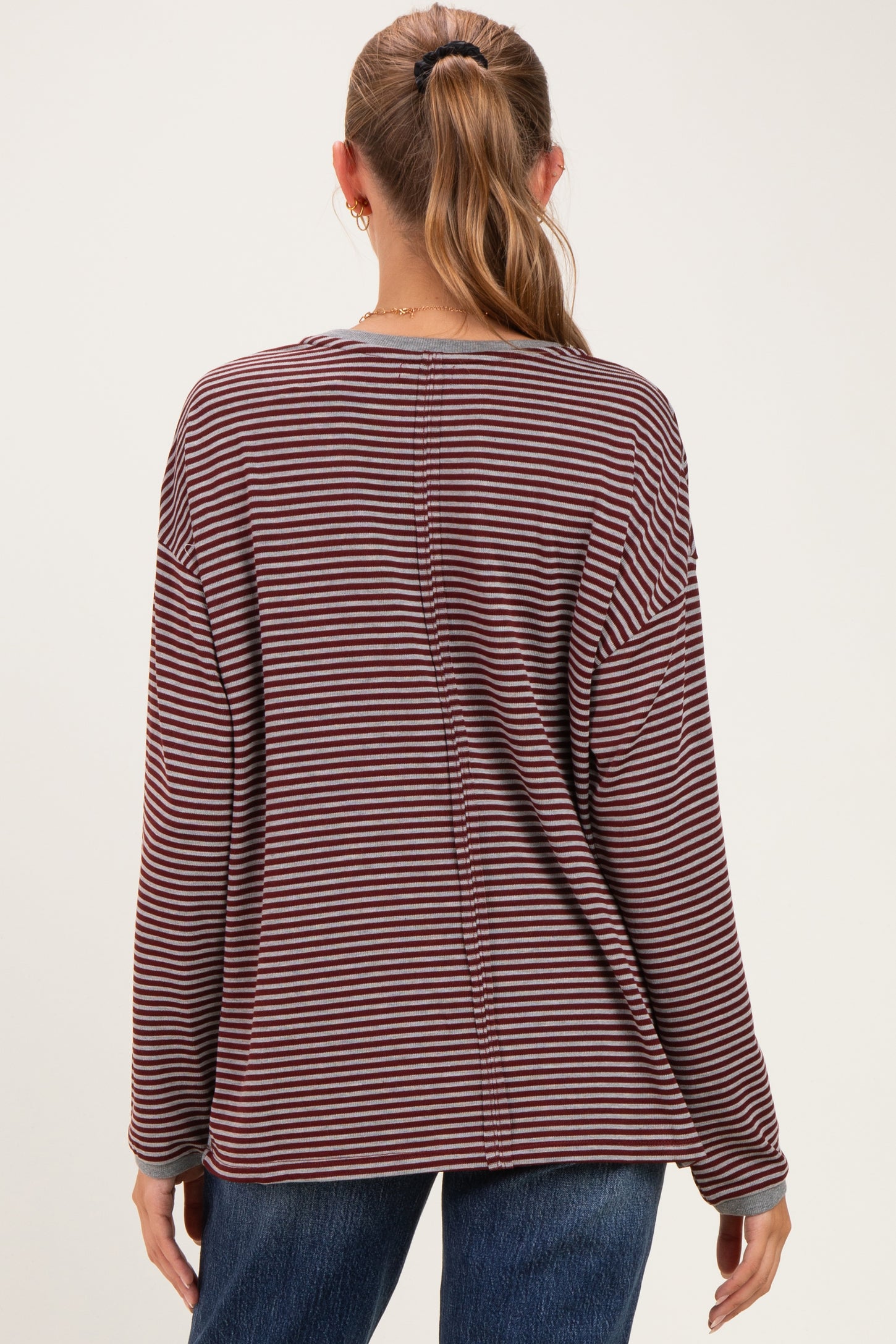 Burgundy Striped Oversized Maternity Long Sleeve Top