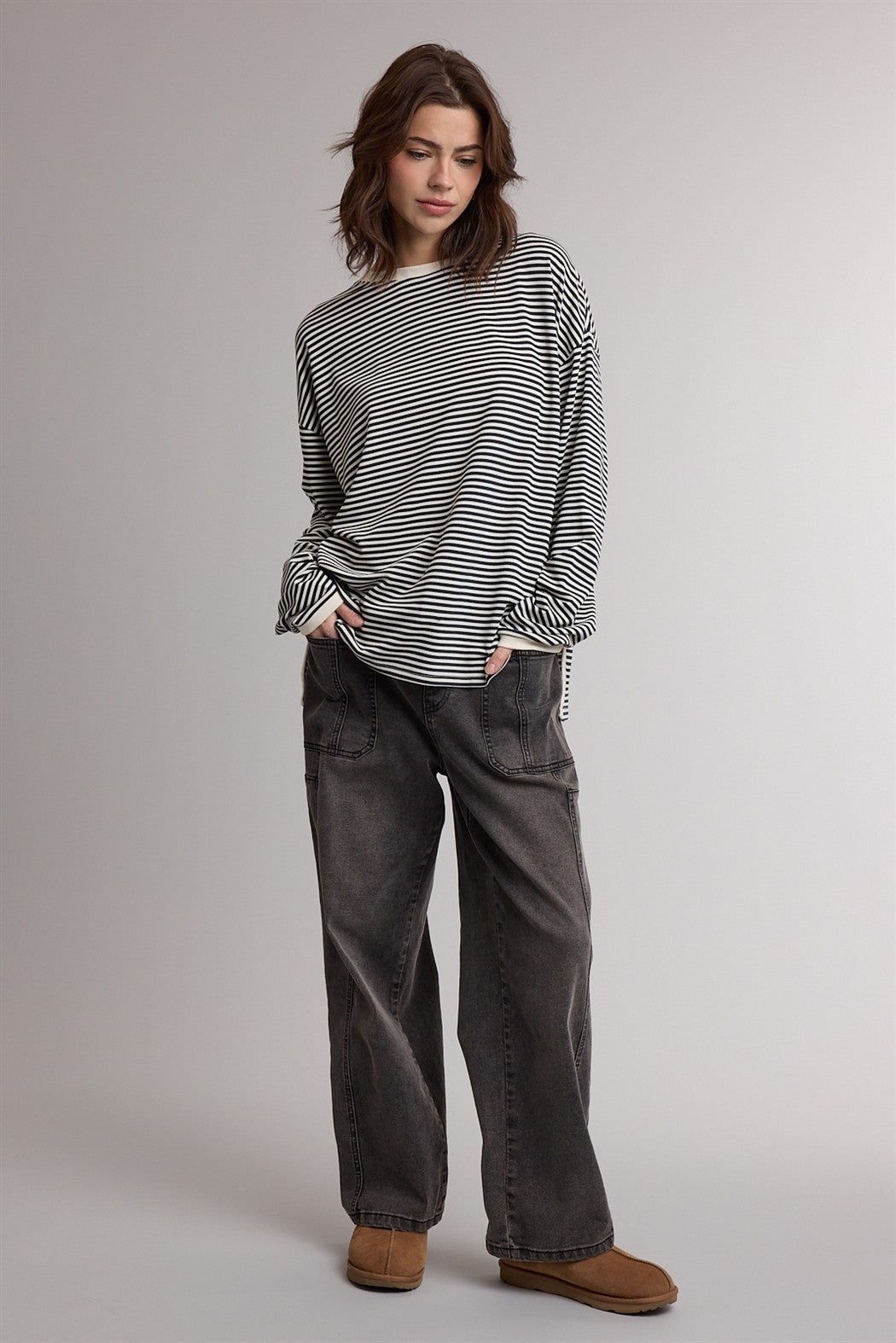 Navy Striped Oversized Long Sleeve Top