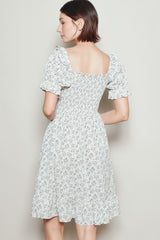 Cream Floral Smocked Puff Sleeve Dress