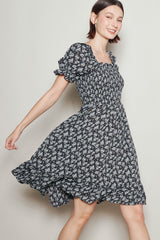 Black Floral Smocked Puff Sleeve Dress