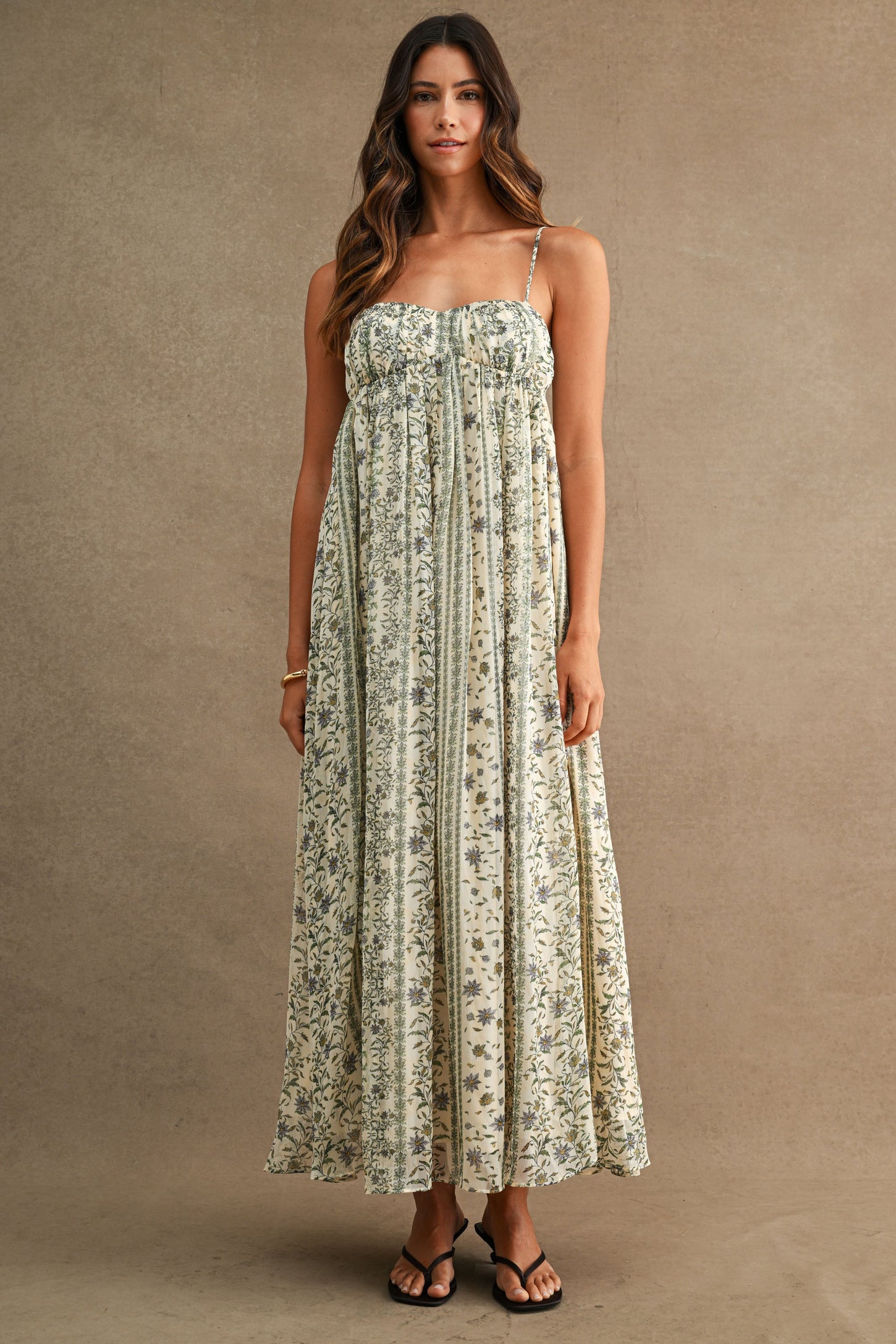 Cream Floral Empire Waist Sleeveless Midi Dress