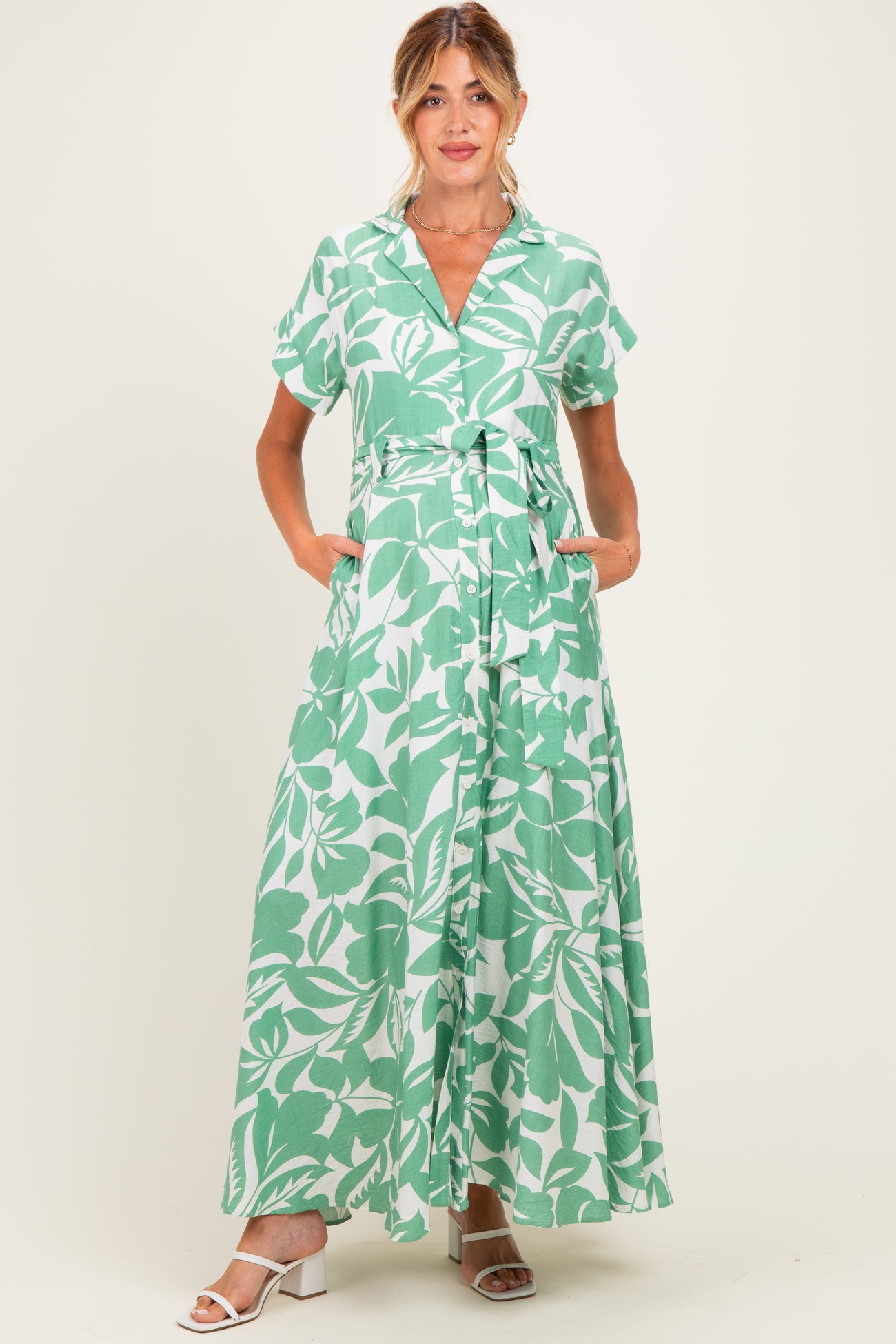 Light Olive Floral Waist Tie Maternity Shirt Dress