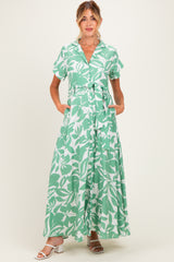 Light Olive Floral Waist Tie Maternity Shirt Dress