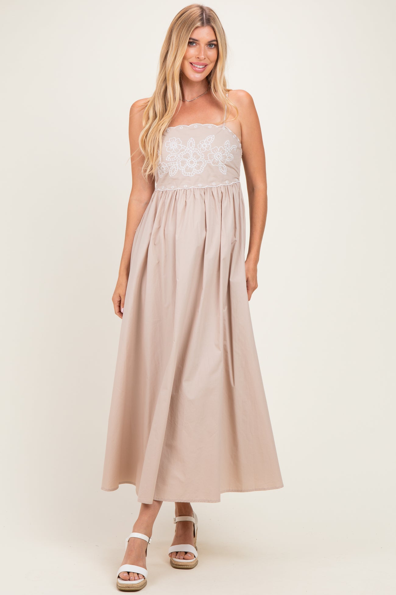 Beige Floral Embroidered Back Cut Out Maxi Dress