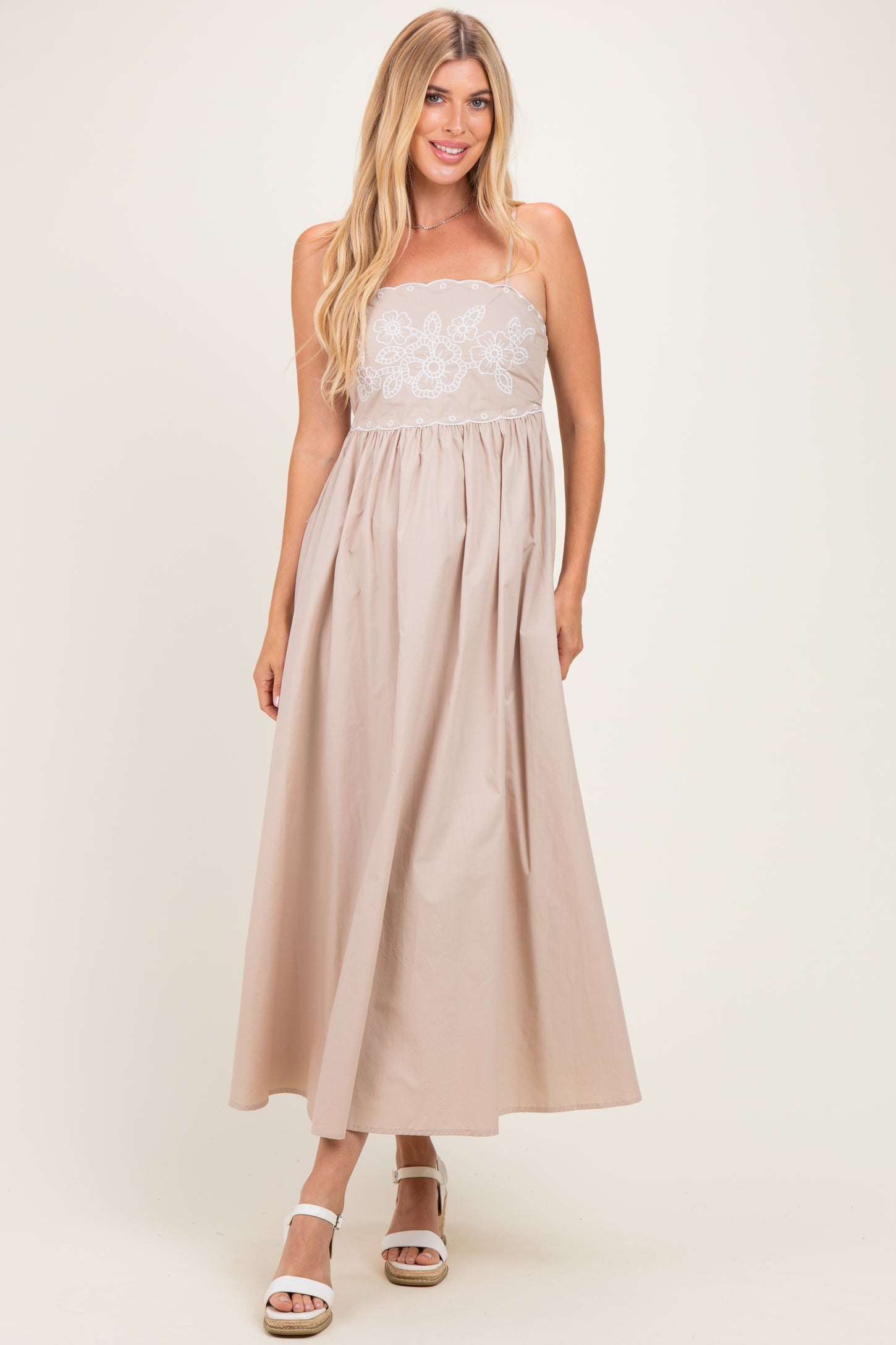 Beige Floral Embroidered Back Cut Out Maternity Maxi Dress