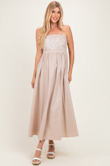 Beige Floral Embroidered Back Cut Out Maternity Maxi Dress