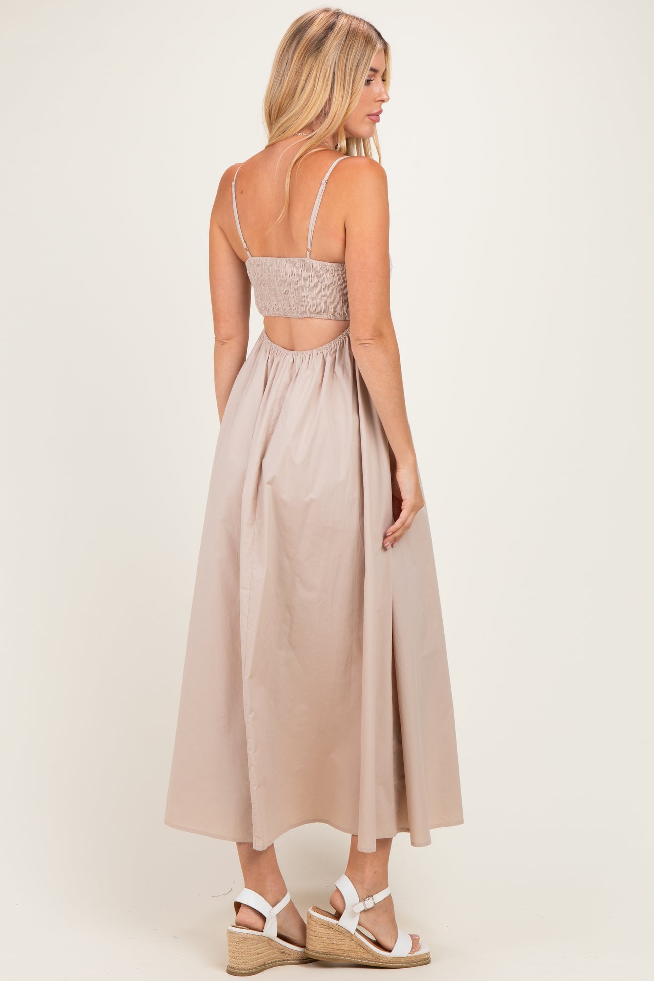 Beige Floral Embroidered Back Cut Out Maxi Dress