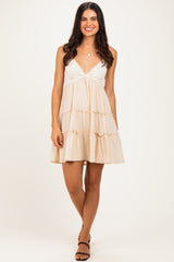 Beige Lace Accent Tiered Mini Dress