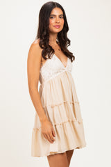 Beige Lace Accent Tiered Mini Dress