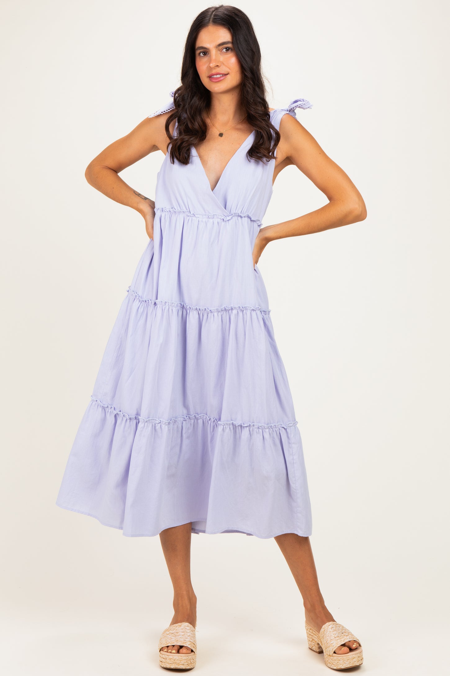 Lavender Tiered Shoulder Tie Maternity Midi Dress