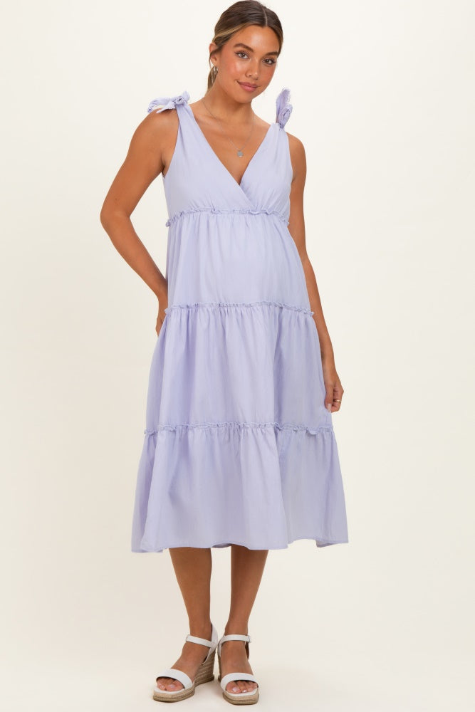 Lavender Tiered Shoulder Tie Maternity Midi Dress