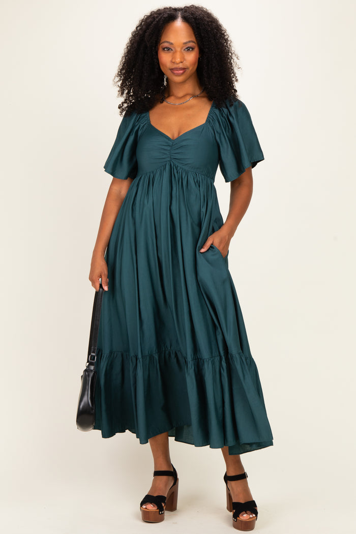Emerald Flutter Sleeve Ruffle Hem Maternity Midi Dress