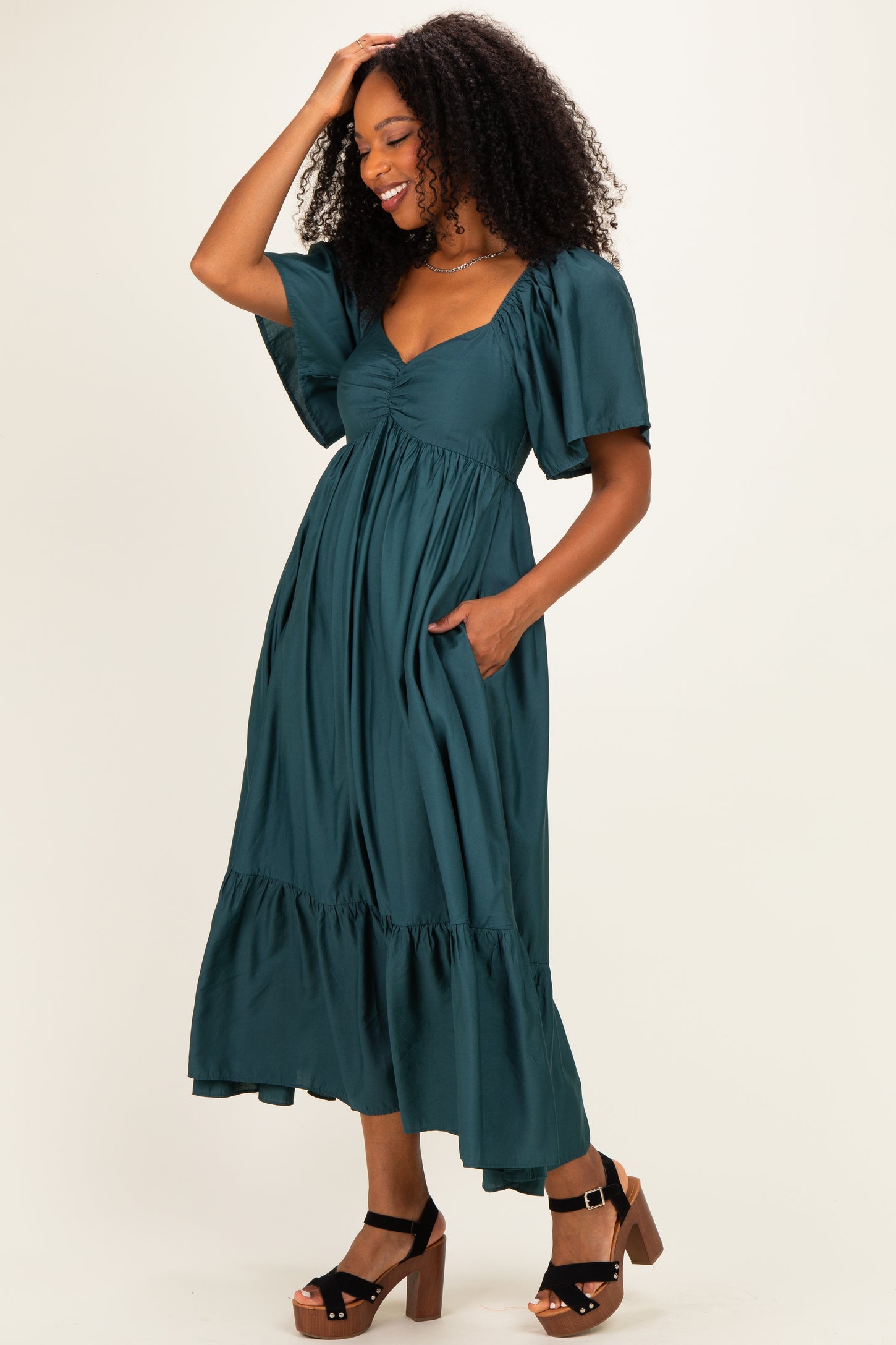 Emerald Flutter Sleeve Ruffle Hem Midi Dress