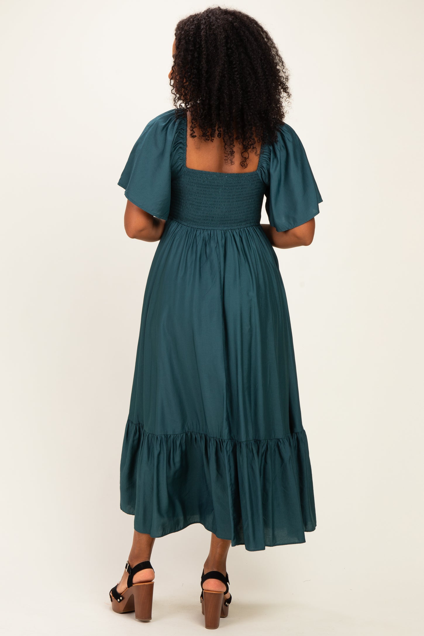 Emerald Flutter Sleeve Ruffle Hem Midi Dress