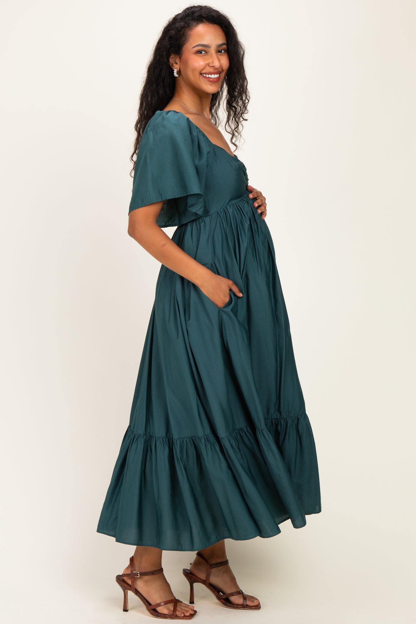 Emerald Flutter Sleeve Ruffle Hem Maternity Midi Dress