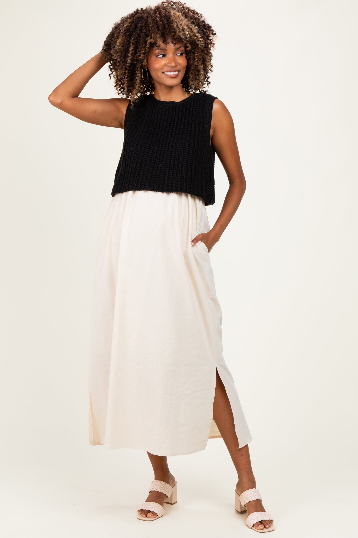 Black/ Cream Sleeveless Sweater Top Colorblock Maternity Midi Dress