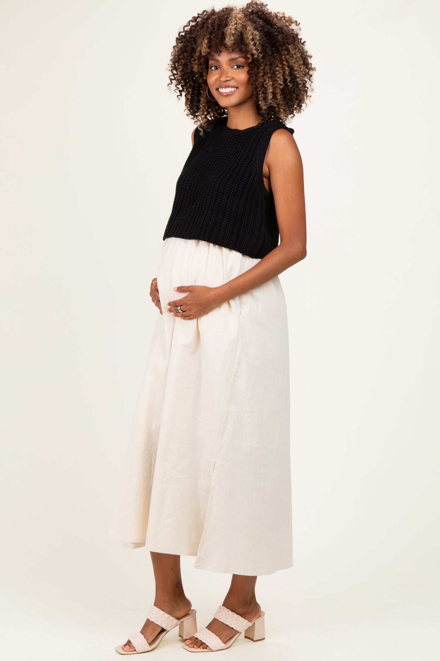 Black/ Cream Sleeveless Sweater Top Colorblock Maternity Midi Dress