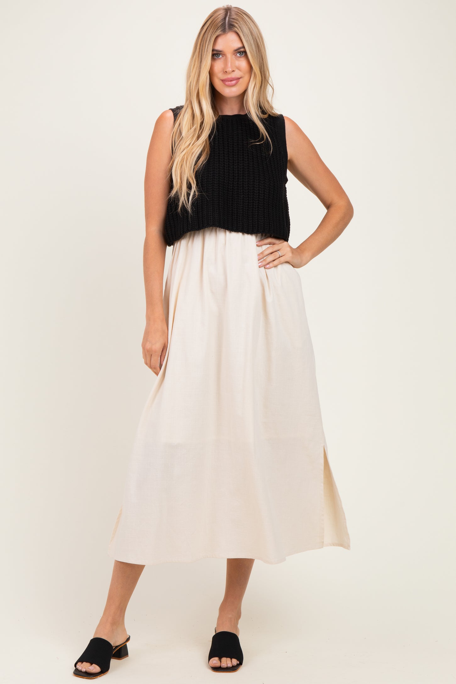 Black/ Cream Sleeveless Sweater Top Colorblock Midi Dress