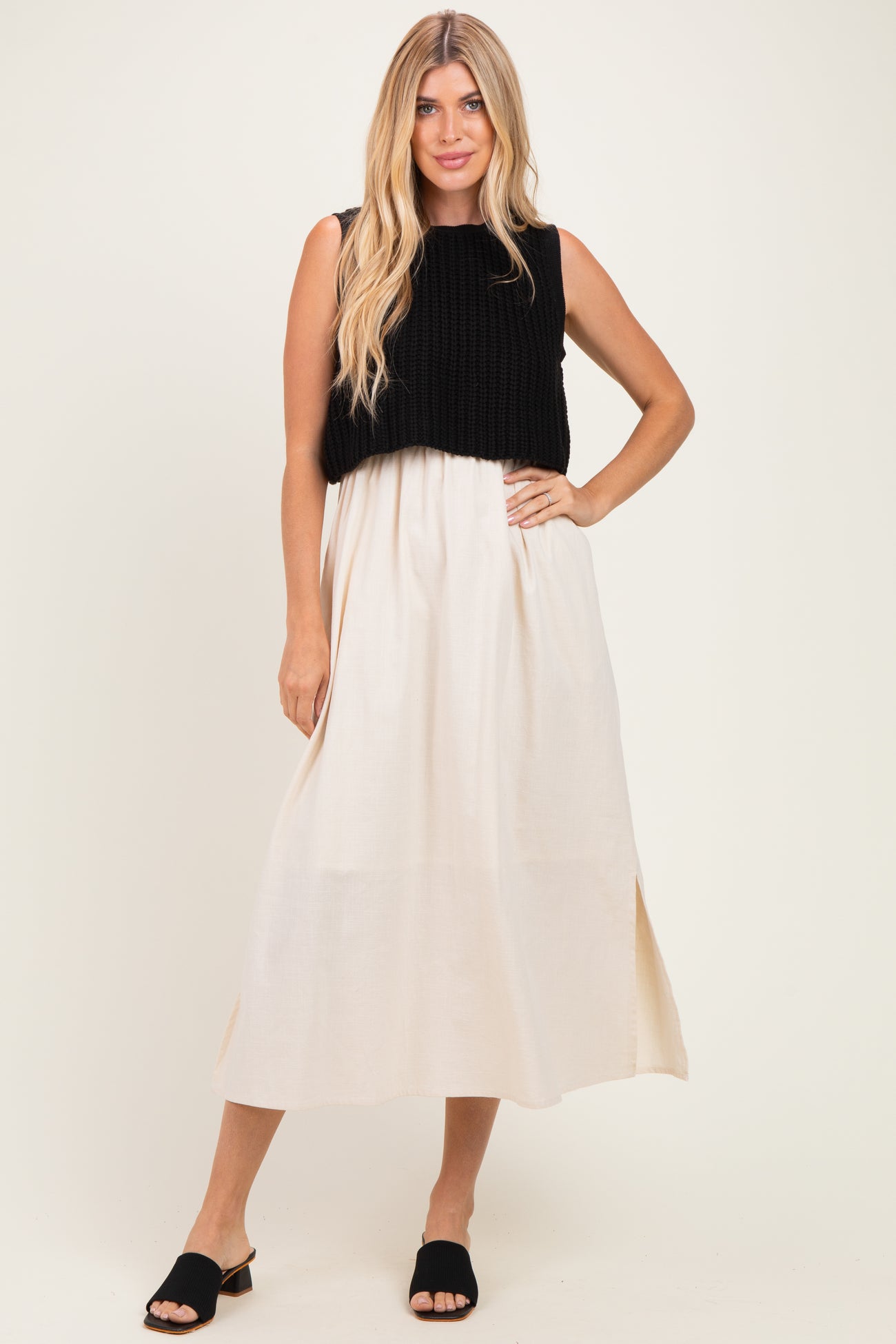 Black/ Cream Sleeveless Sweater Top Colorblock Maternity Midi Dress