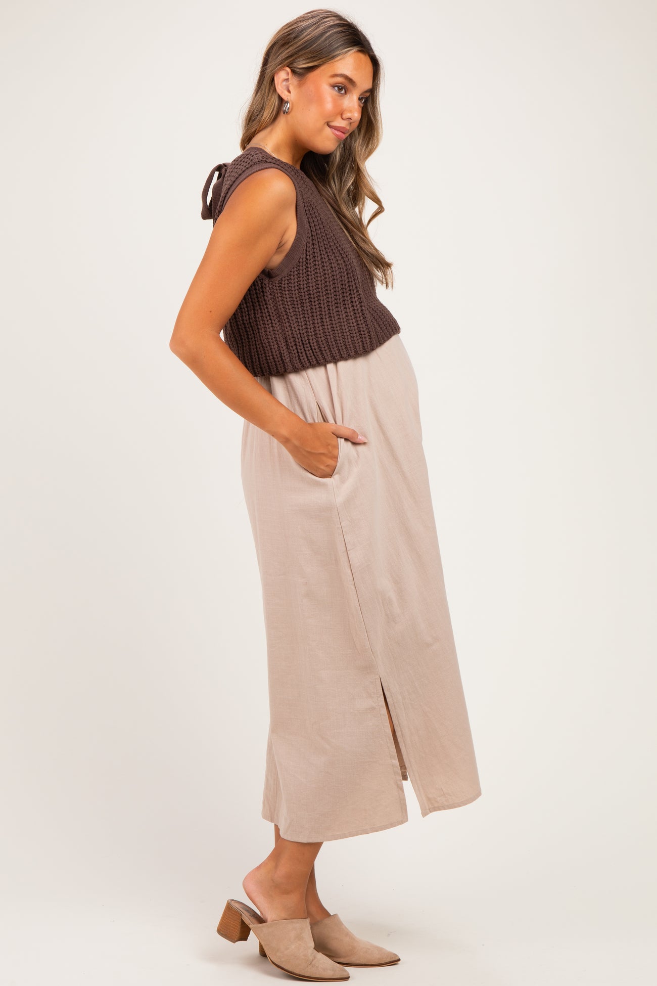 Brown/ Mocha Sleeveless Sweater Top Colorblock Maternity Midi Dress