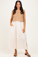 Mocha/ Cream Sleeveless Sweater Top Colorblock Midi Dress
