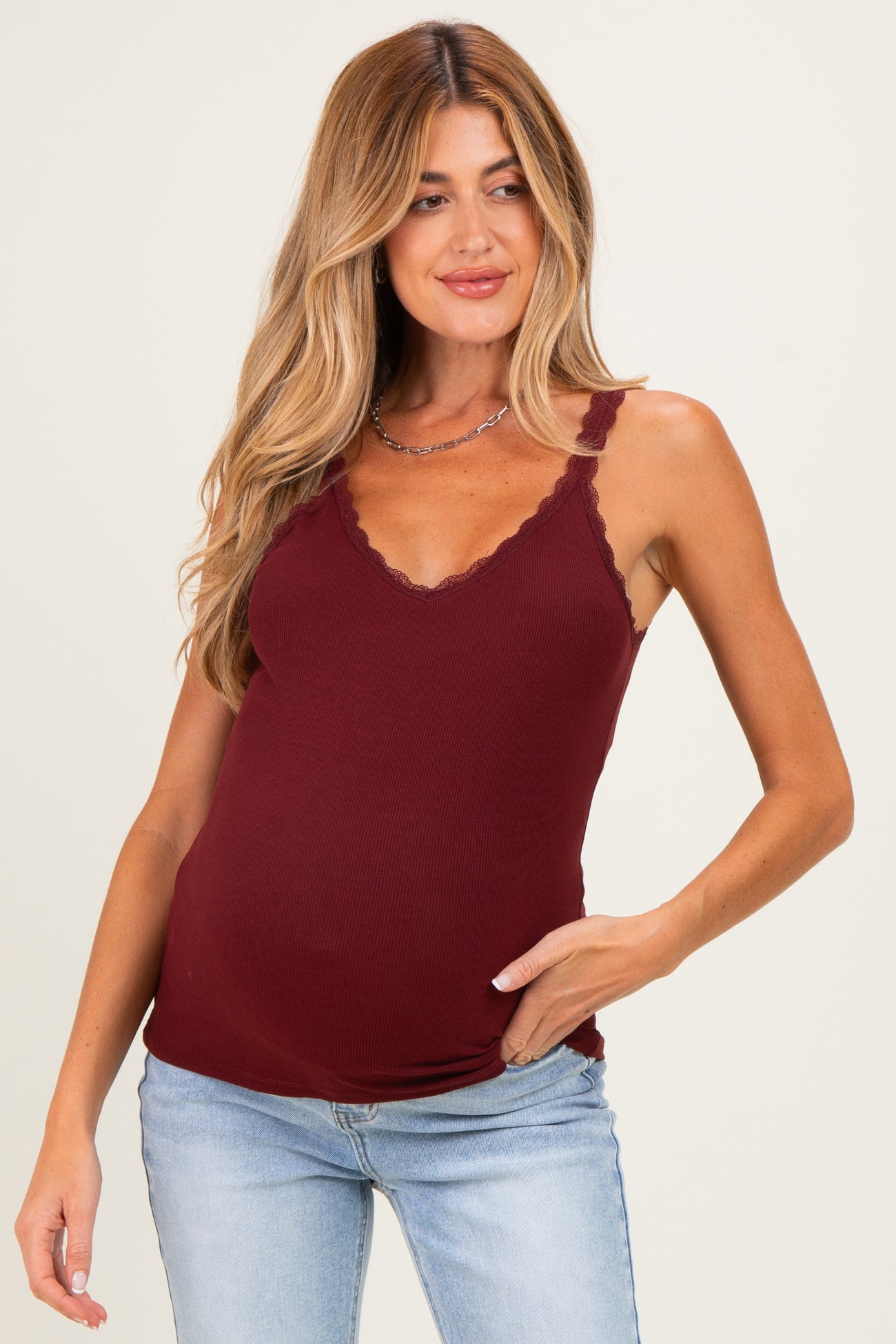 Burgundy Lace Trim Detail Ribbed Maternity Knit Tank Top
