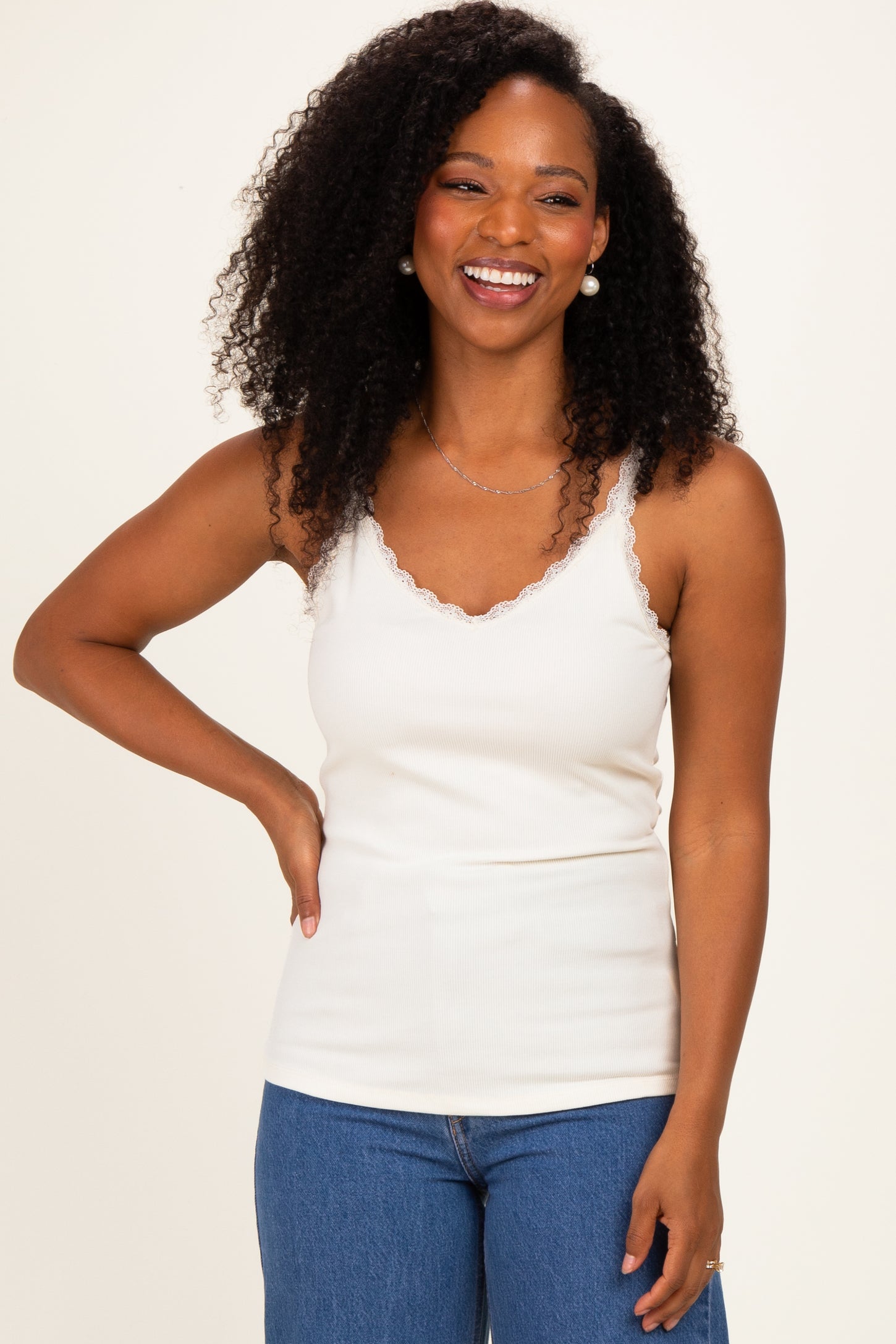 Off White Lace Trim Detail Ribbed Maternity Knit Tank Top