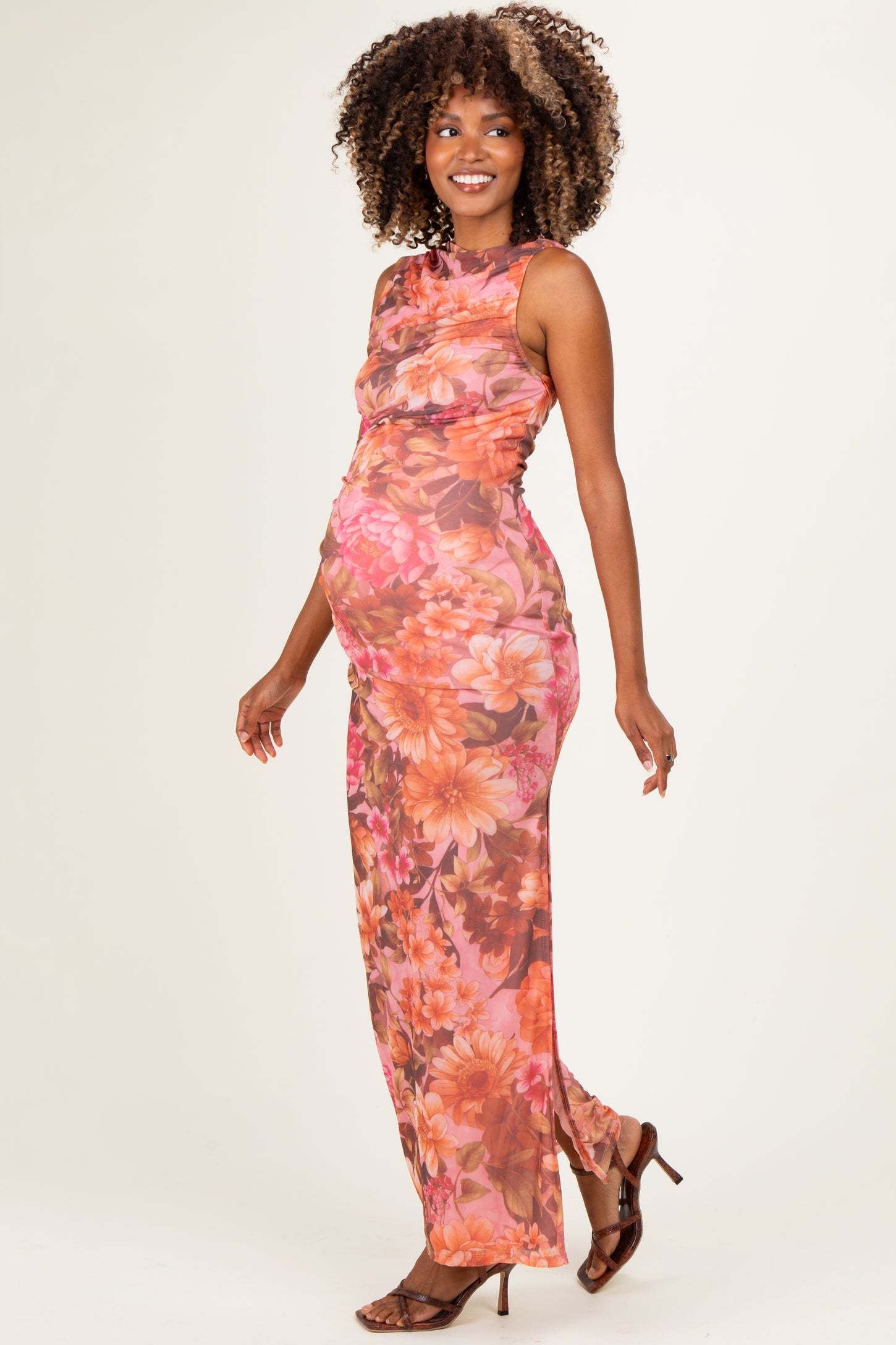 Pink Floral Mesh Ruched Maternity Maxi Dress