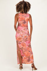 Pink Floral Mesh Ruched Maternity Maxi Dress
