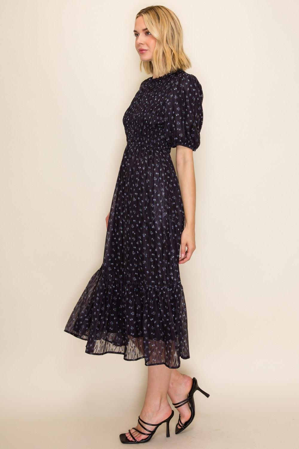 Dark Navy Floral Smocked Midi Dress