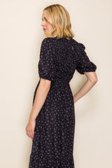 Dark Navy Floral Smocked Midi Dress