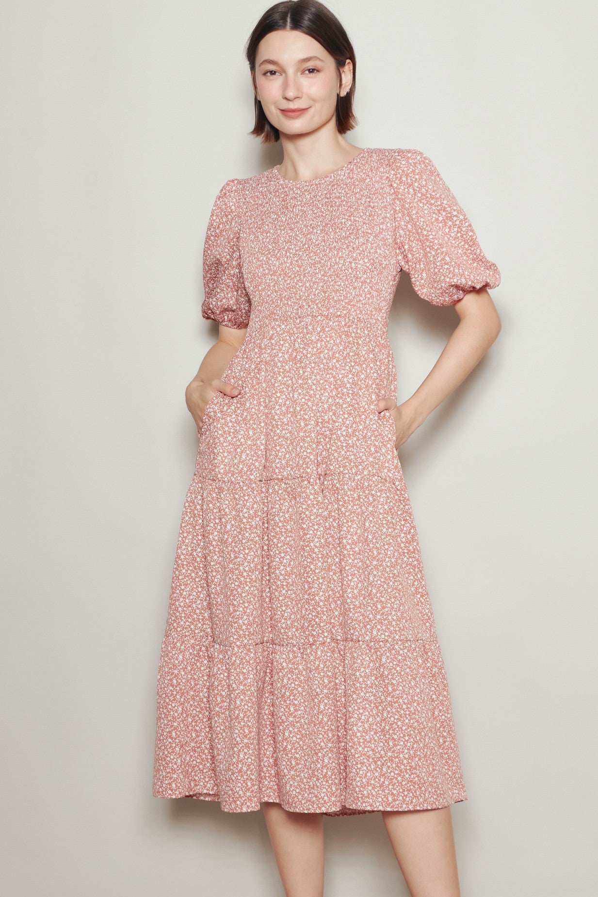 Coral Rose Floral Puff Sleeve Tiered Midi Dress