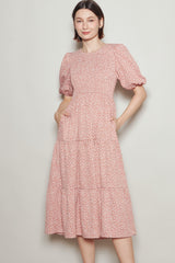 Coral Rose Floral Puff Sleeve Tiered Midi Dress