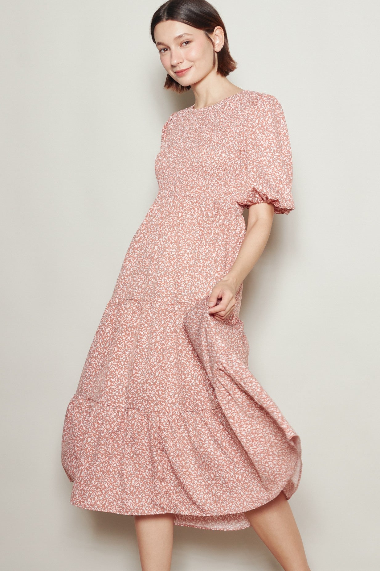 Coral Rose Floral Puff Sleeve Tiered Midi Dress