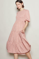 Coral Rose Floral Puff Sleeve Tiered Midi Dress