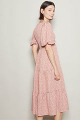 Coral Rose Floral Puff Sleeve Tiered Midi Dress