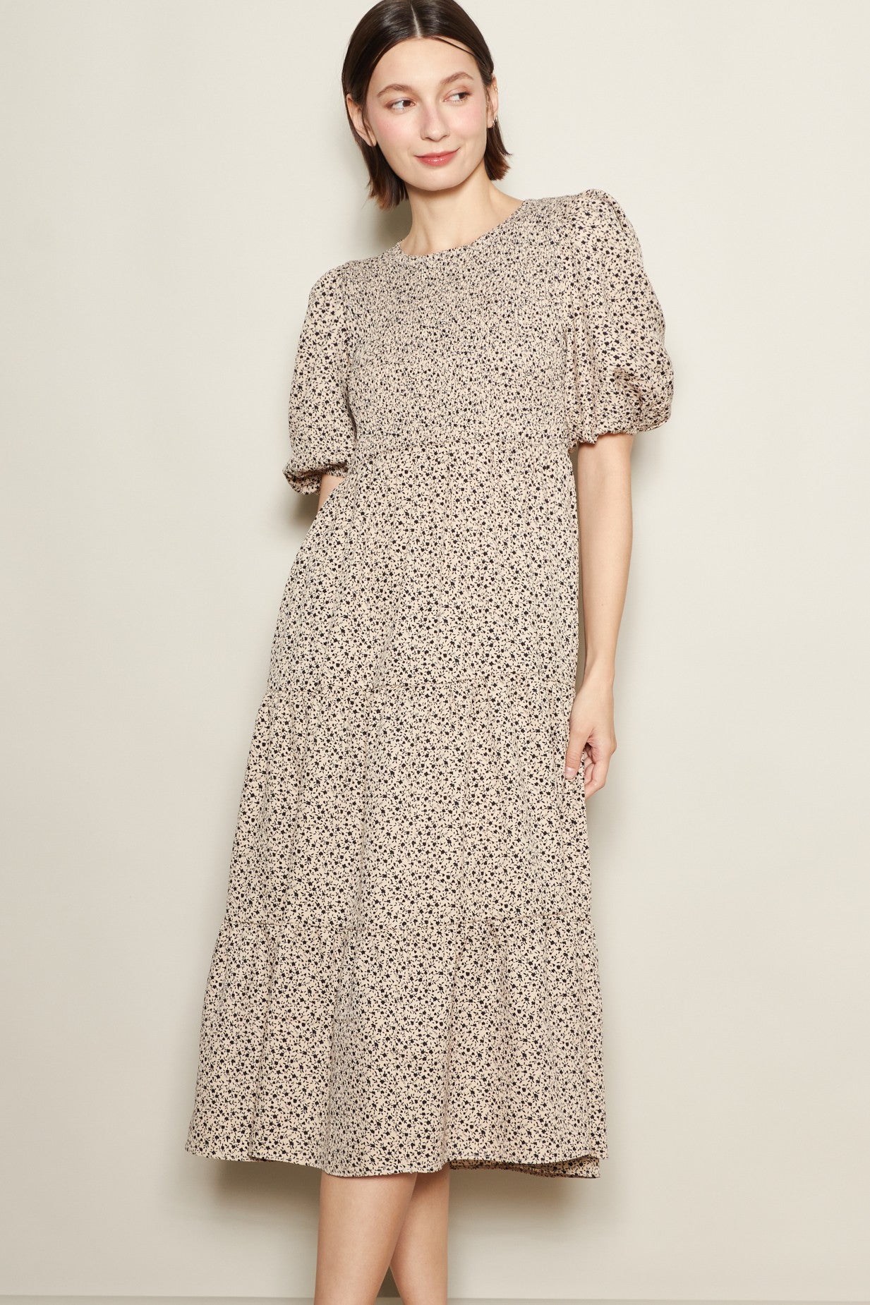 Light Taupe Floral Puff Sleeve Tiered Midi Dress