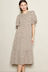 Light Taupe Floral Puff Sleeve Tiered Maternity Midi Dress