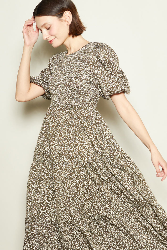 Olive Floral Puff Sleeve Tiered Midi Dress