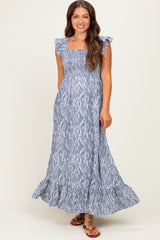 Blue Grey Printed Smocked Maternity Midi Dress