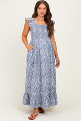 Blue Grey Printed Smocked Maternity Midi Dress