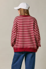 Maroon Striped Oversized Button Sweatshirt