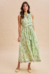 Fern Floral Button Up Tie Waist Maternity Midi Dress