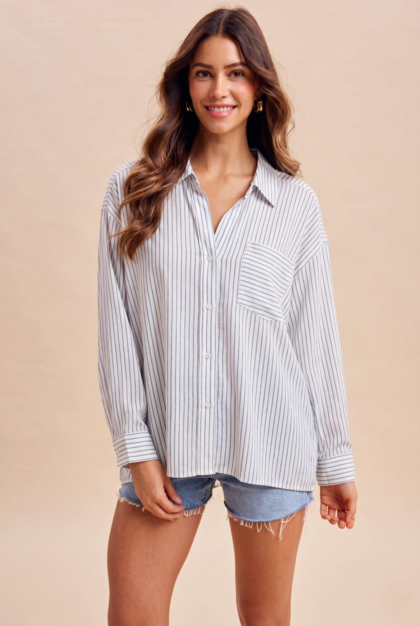 Blue Striped Oversized Sheer Linen Maternity Button Down