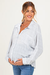 Blue Striped Oversized Sheer Linen Maternity Button Down