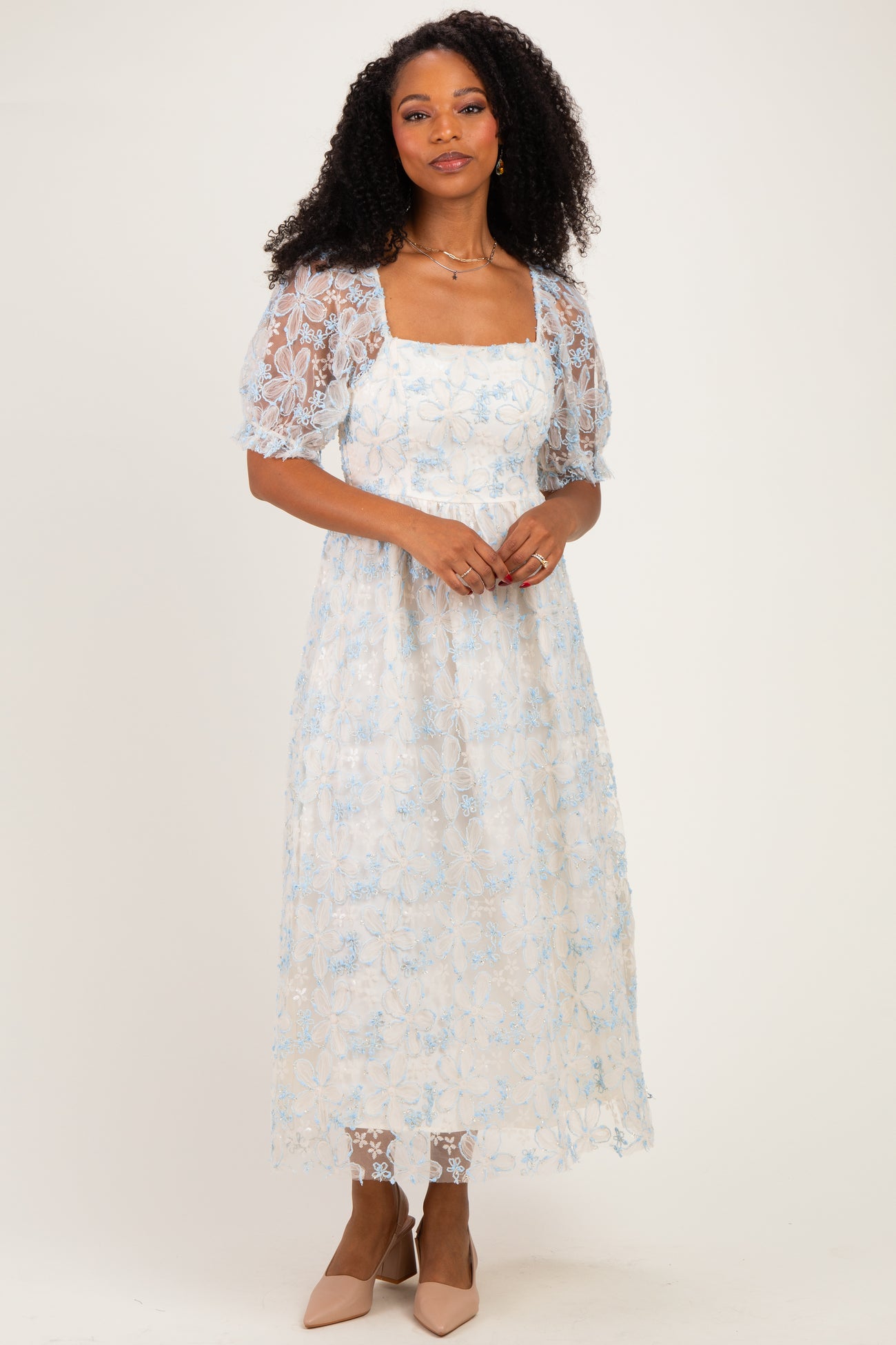 Light Blue Floral Mesh Overlay Tie Back Maternity Midi Dress