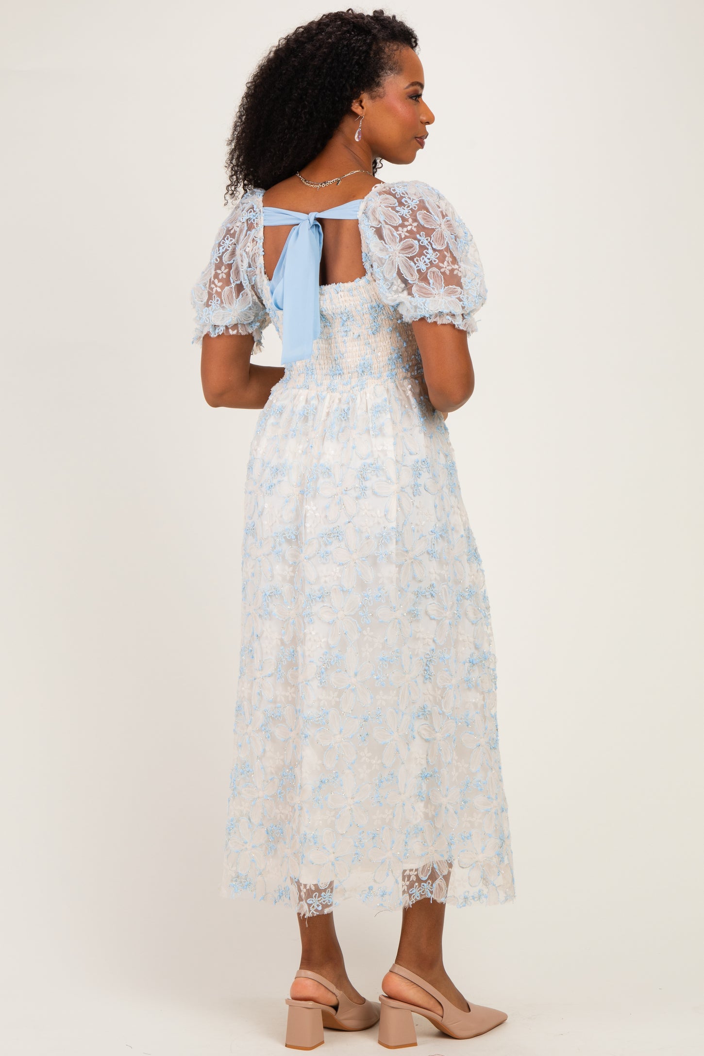 Light Blue Floral Mesh Overlay Tie Back Midi Dress