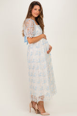 Light Blue Floral Mesh Overlay Tie Back Maternity Midi Dress