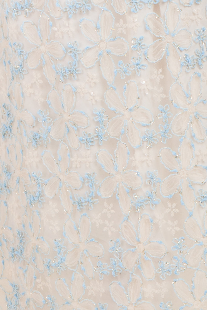 Light Blue Floral Mesh Overlay Tie Back Maternity Midi Dress
