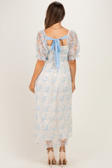 Light Blue Floral Mesh Overlay Tie Back Maternity Midi Dress